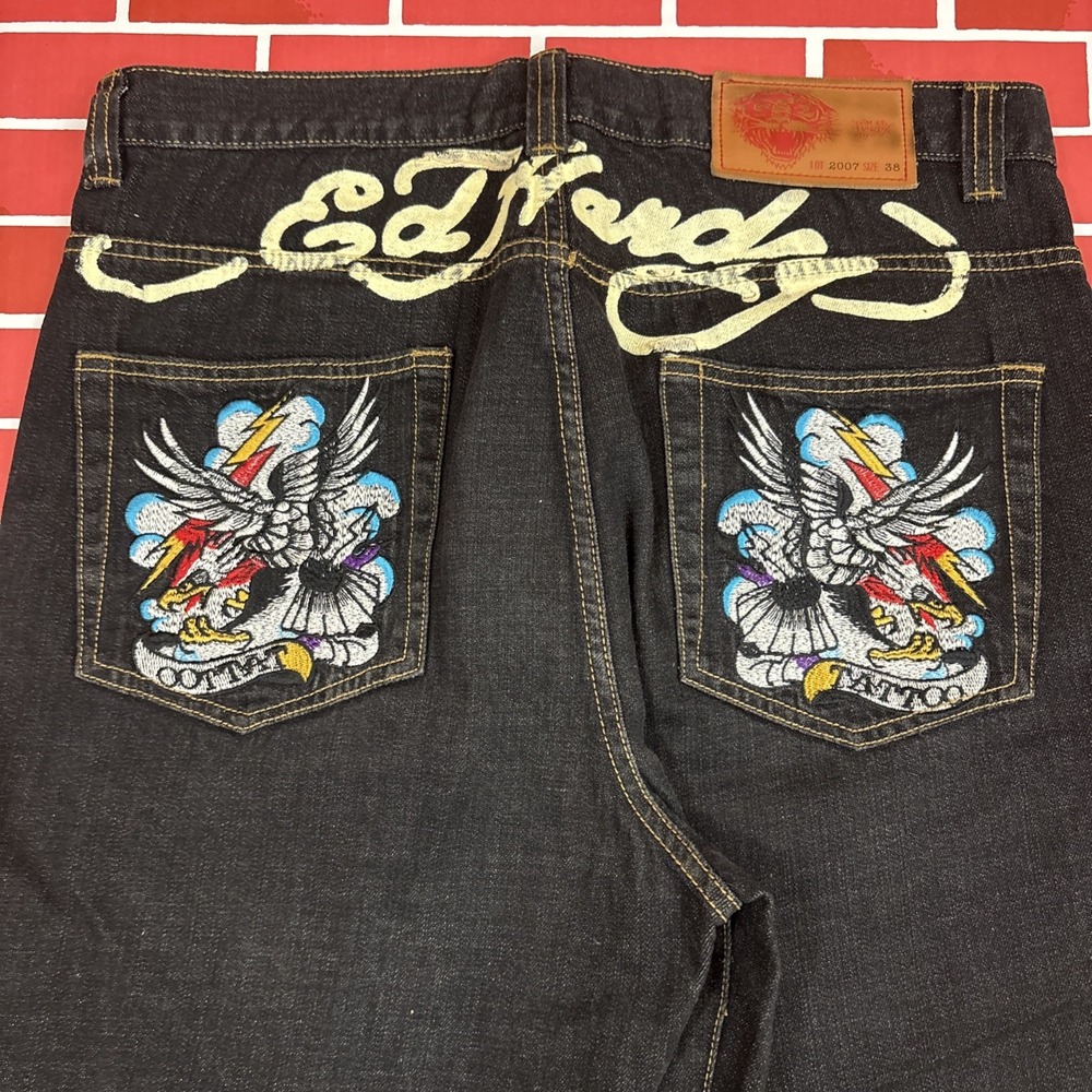 Ed Hardy Jeans Lot 2007 Y2K 38x34 Relaxed Straight Embroidered Skull Tattoo